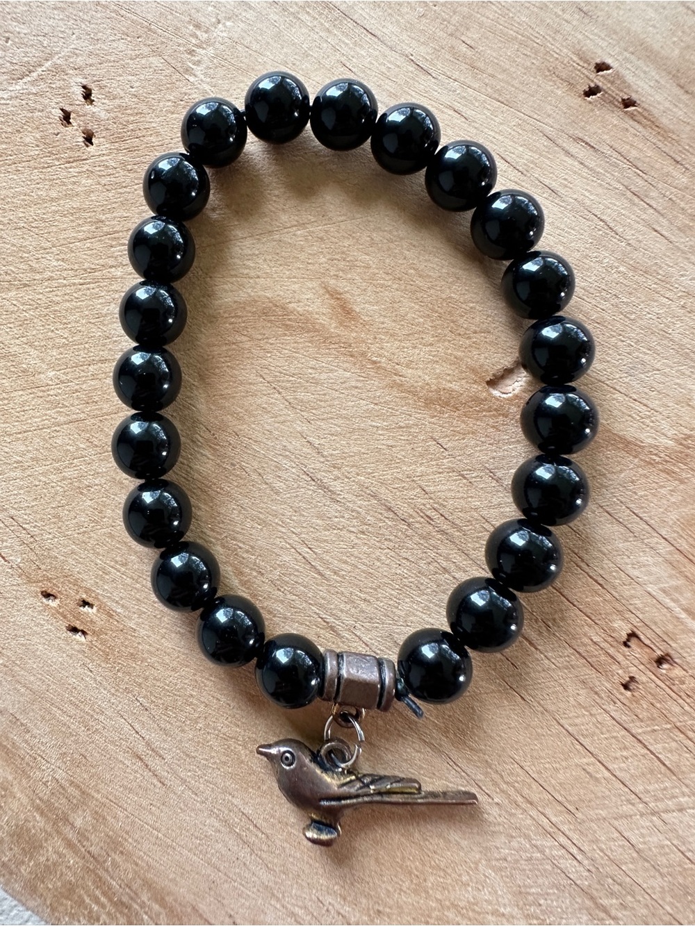 Black Beaded Bracelet with Bird Charm - Unbranded